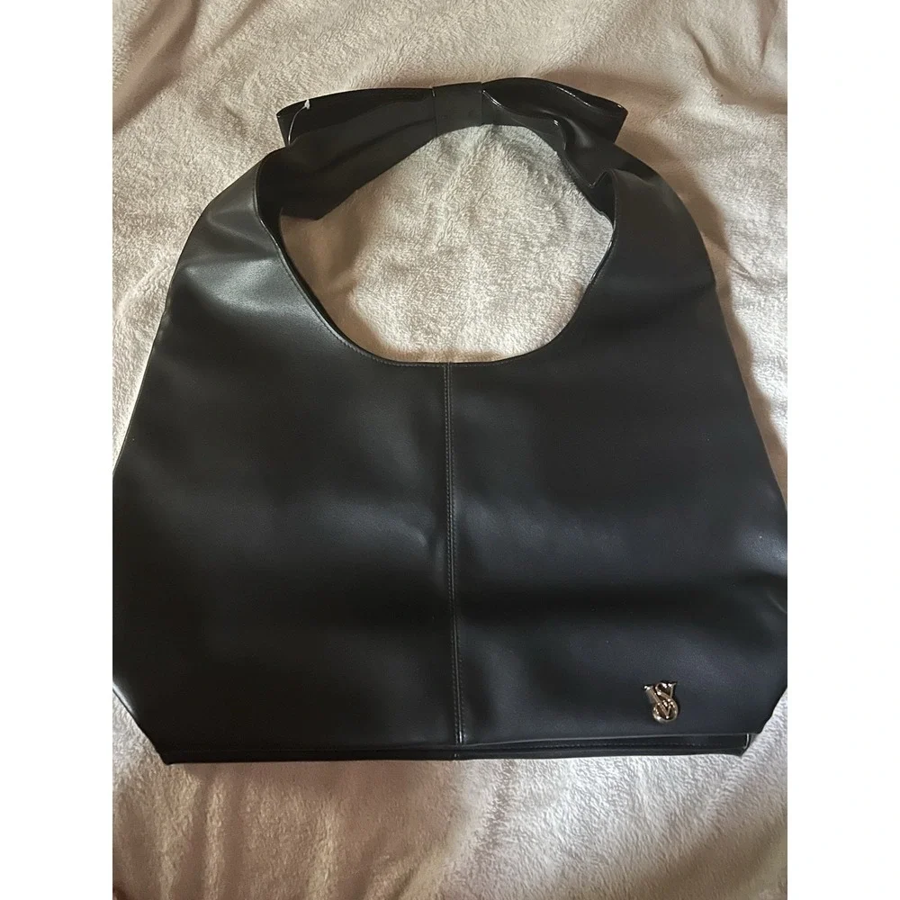 Victoria's Secret VS Black Faux Leather Hobo Shoulder Bag‎ Bow Strap Large Tote
